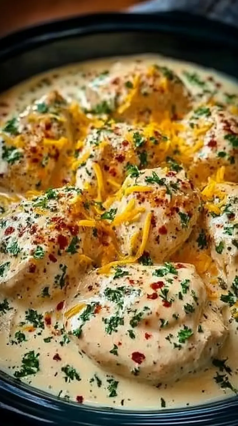Crockpot filled with tender chicken breasts simmering in a creamy ranch sauce, topped with shredded cheese, parsley, and red pepper flakes.