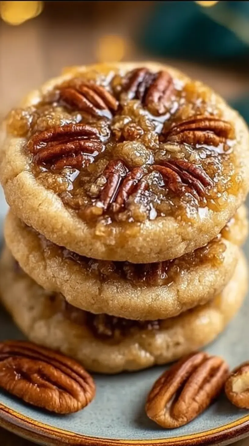 Stack of pecan pie cookies topped with gooey brown sugar pecan filling, served on a plate with whole pecans.