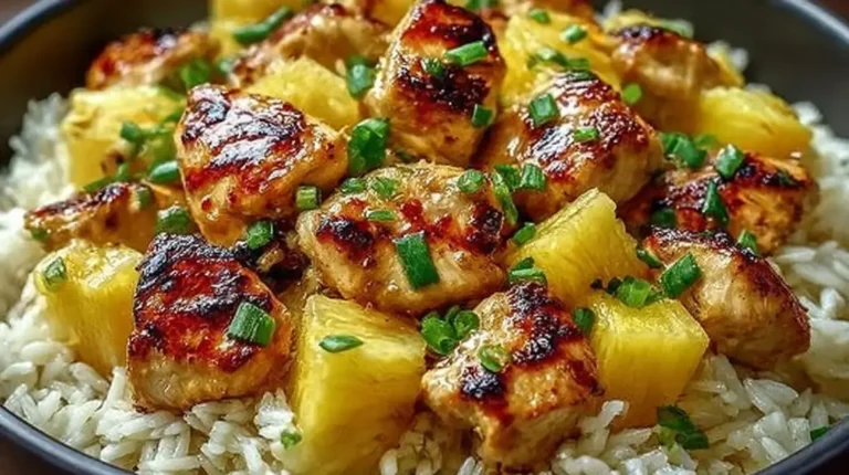 Bowl of Pineapple Chicken and Rice with caramelized chicken bites, juicy pineapple chunks, and sliced green onions scattered over fluffy white rice.