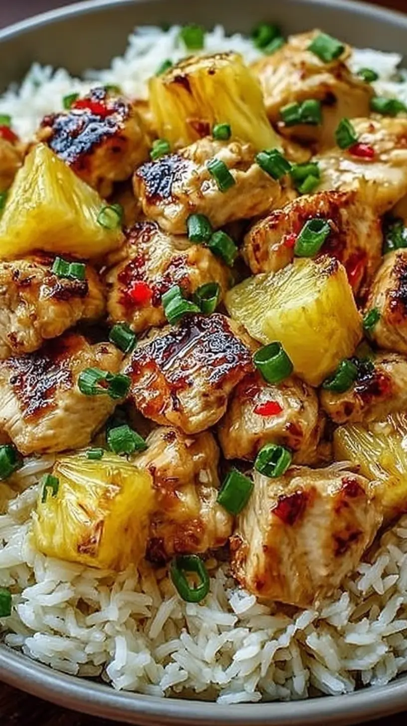 Bowl of pineapple chicken and rice with golden seared chicken pieces, caramelized pineapple chunks, and sliced green onions on top of fluffy white rice.