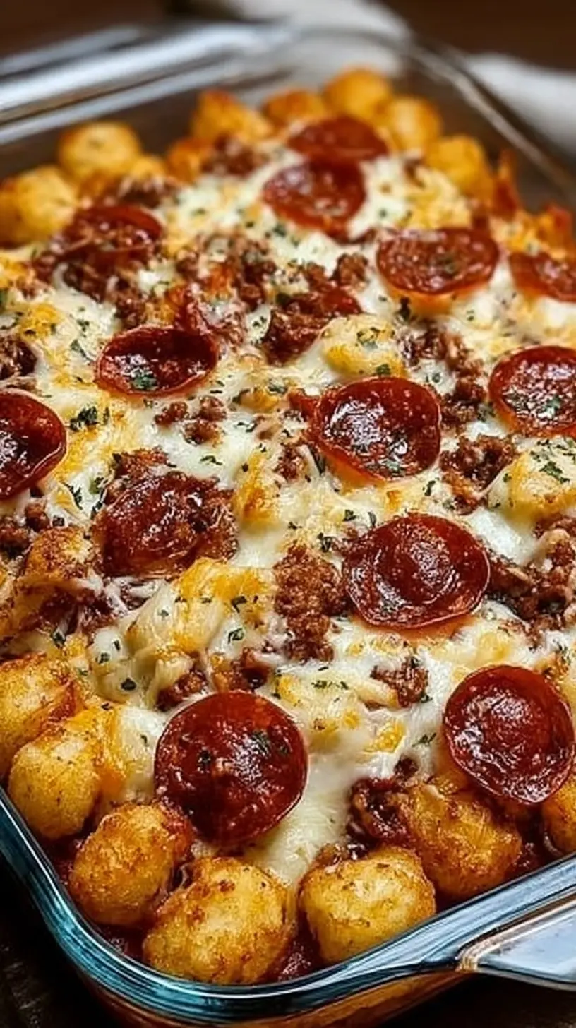 Cheesy pizza tot casserole in a glass baking dish, topped with crispy tater tots, browned ground beef, melted mozzarella, and pepperoni slices.