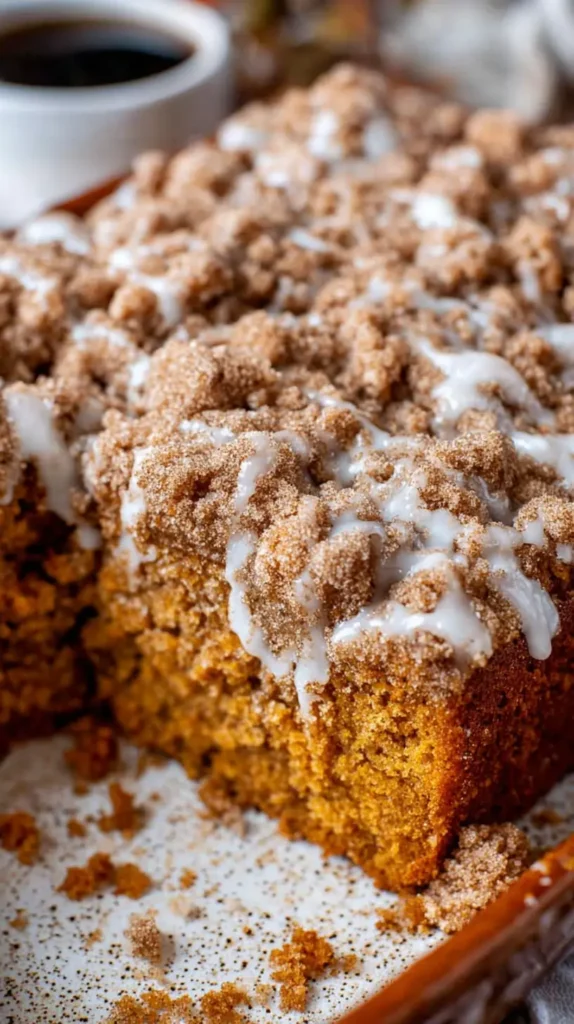 Close-up of pumpkin coffee cake with thick cinnamon streusel and white vanilla glaze, a slice removed to show the moist orange crumb.