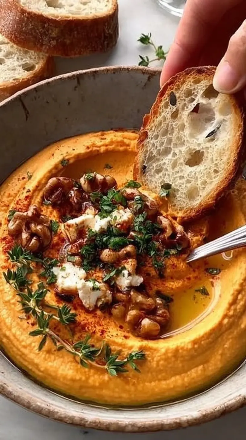 Creamy pumpkin whipped feta dip topped with walnuts, herbs, and olive oil, served with crusty bread.
