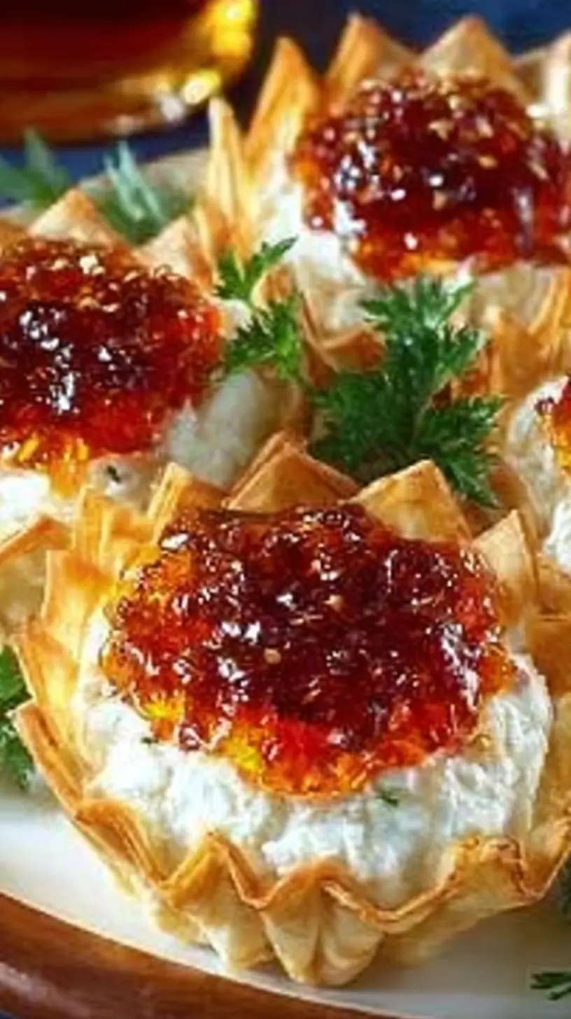 Mini phyllo cups filled with whipped cream cheese and topped with glossy red pepper jelly, garnished with fresh parsley.