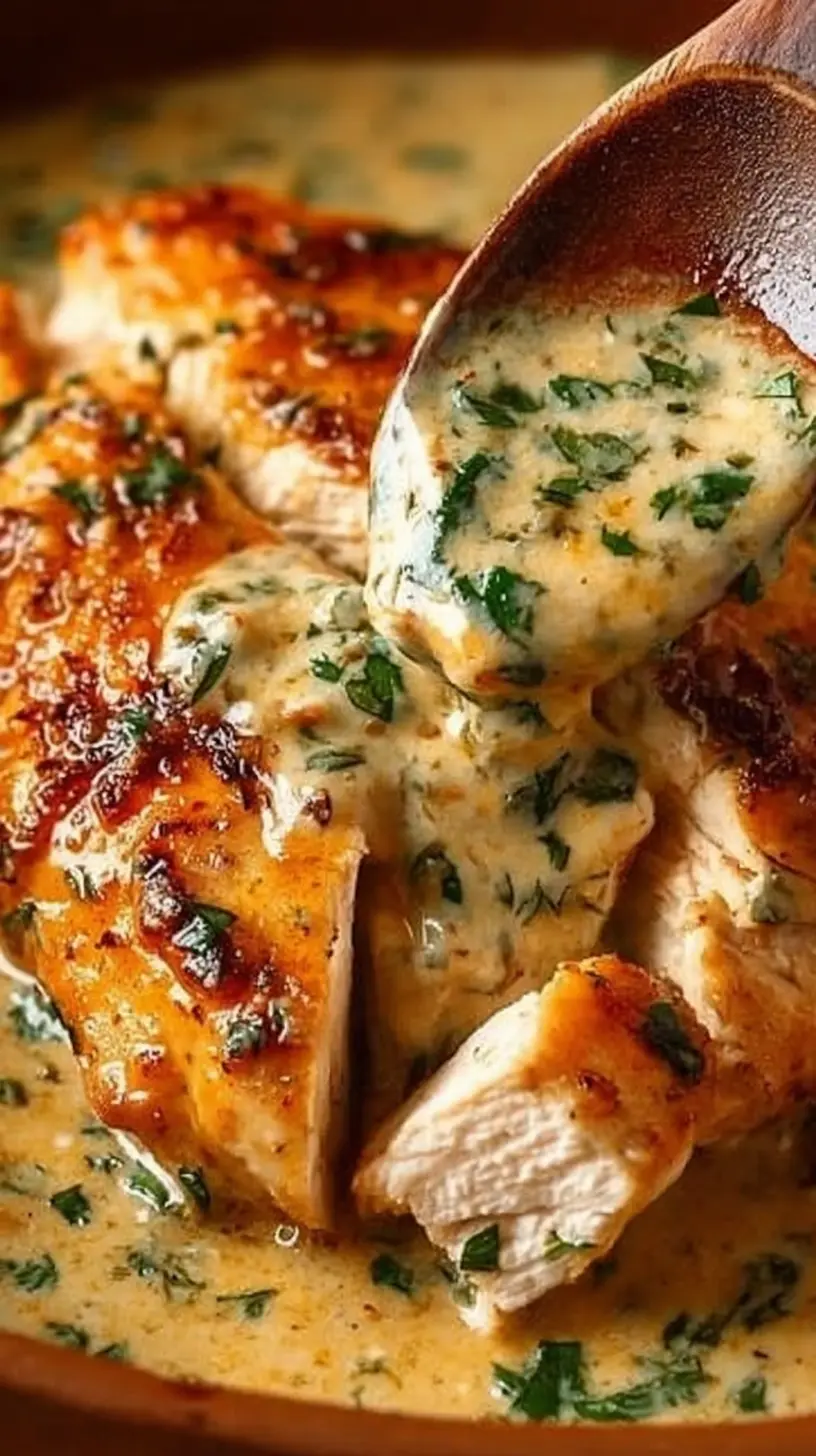 Close-up of juicy crock pot ranch chicken breast sliced and covered in a creamy herb ranch sauce in a wooden bowl.
