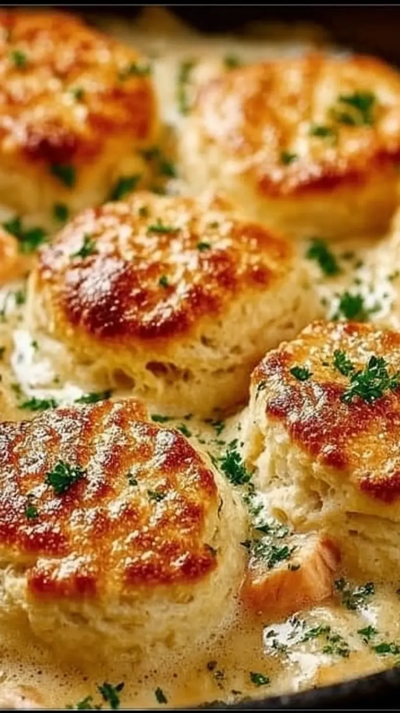 “Red Lobster biscuit chicken pot pie” in a skillet, with golden cheddar-style biscuits baked on top of a creamy chicken filling and sprinkled with fresh parsley.