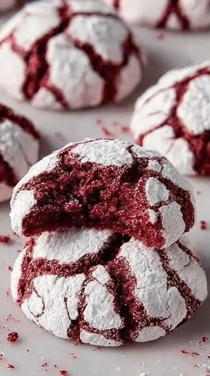 Red Velvet Crinkle Cookies” stacked on a plate, with one cookie broken open to show its soft red center and snowy powdered sugar crinkle top