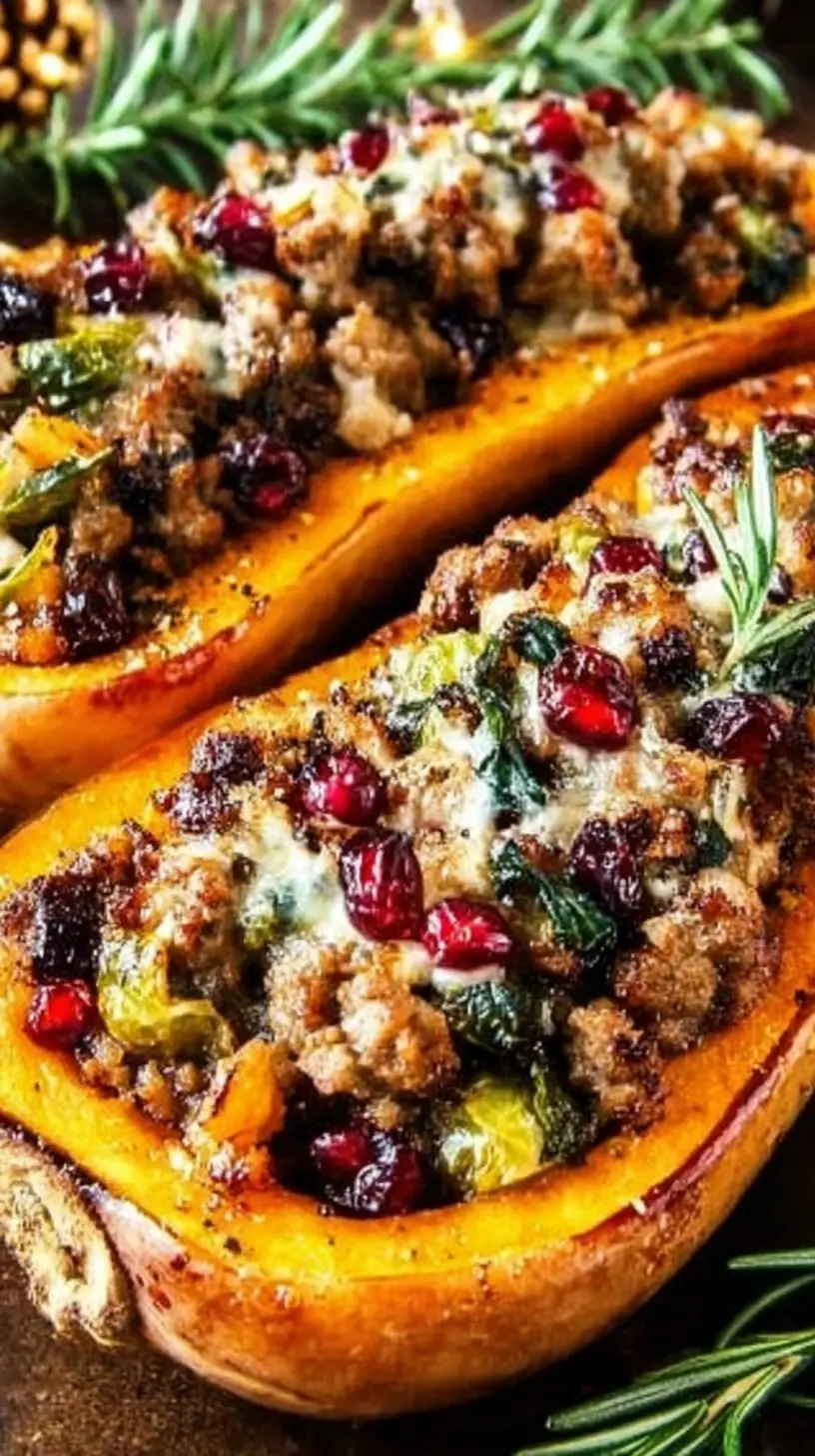 Baking sheet of cubed roasted butternut squash glazed with honey, sprinkled with herbs and black pepper, with a serving spoon.