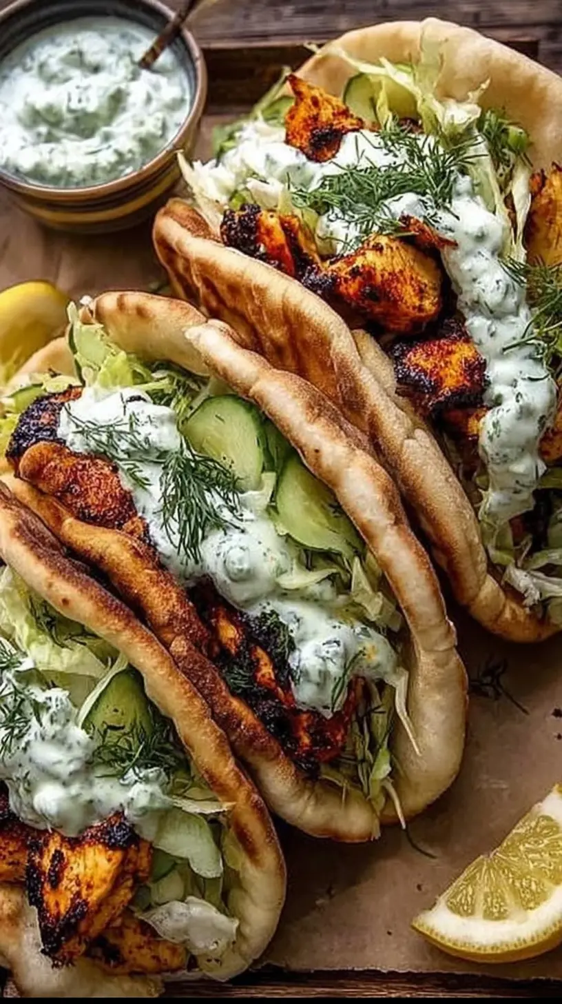 Close-up of stuffed chicken pitas filled with charred chicken pieces, shredded lettuce, cucumber slices, and drizzled with creamy herby ranch sauce, served with lemon wedges.