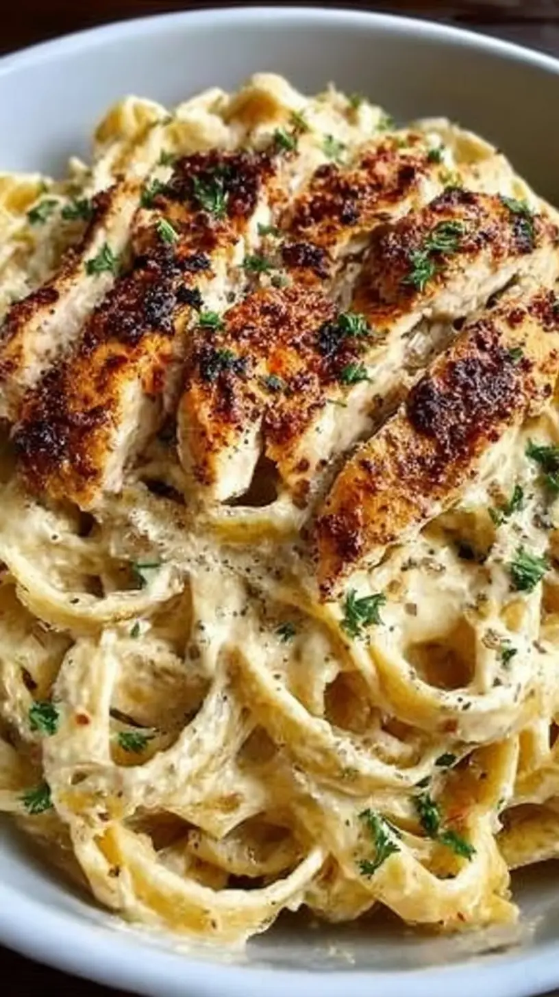 Creamy Cajun chicken pasta topped with sliced blackened chicken and parsley in a white bowl.