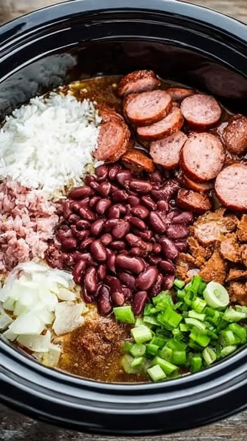 Overhead view of a slow cooker filled with uncooked Cajun red beans and rice, showing neatly arranged piles of white rice, red beans, sliced sausage, chopped onions, green onions, and spices before stirring.
