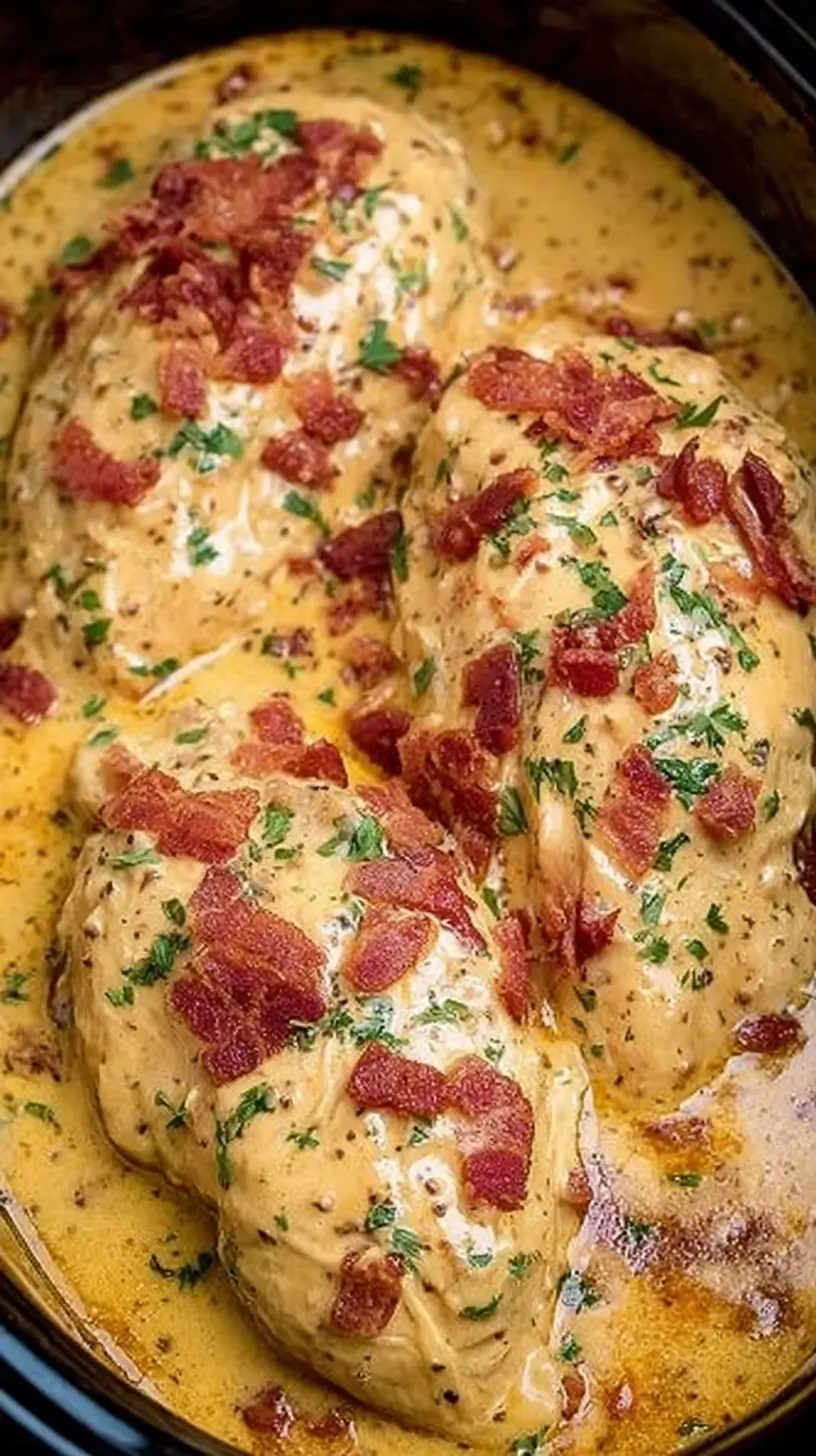 Creamy slow cooker chicken breasts in a rich ranch-style cheese sauce topped with crispy bacon and fresh herbs.