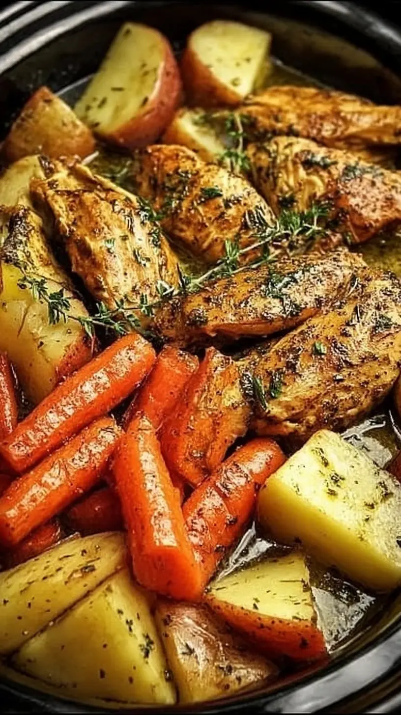 “Slow cooker garlic butter chicken and veggies” with browned chicken breasts, baby carrots, and chunky potatoes simmering together in a rich garlic herb butter sauce.