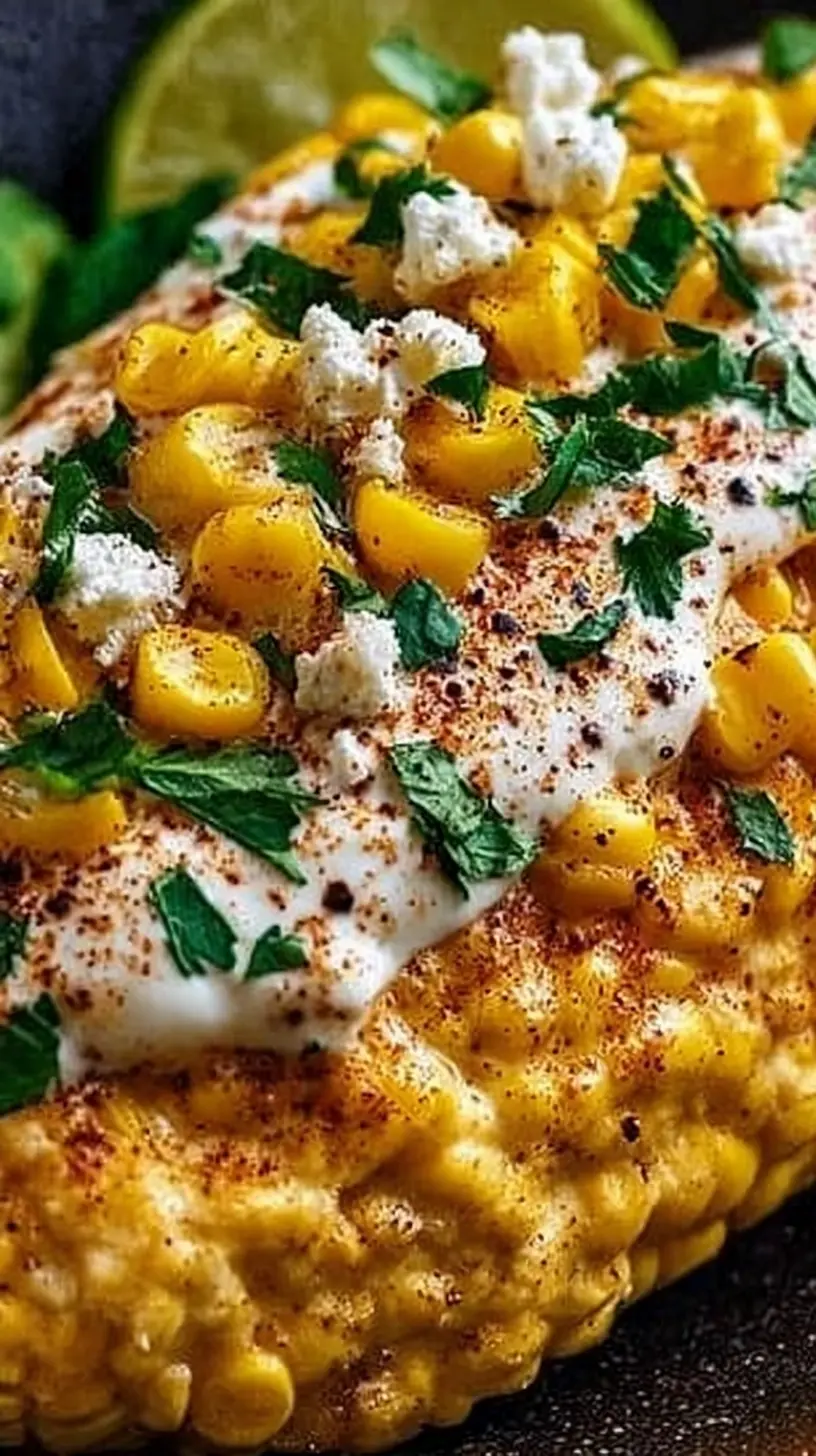 Close-up of slow cooker street corn chicken topped with creamy sauce, sweet corn kernels, crumbled cheese, chili seasoning, and fresh cilantro.