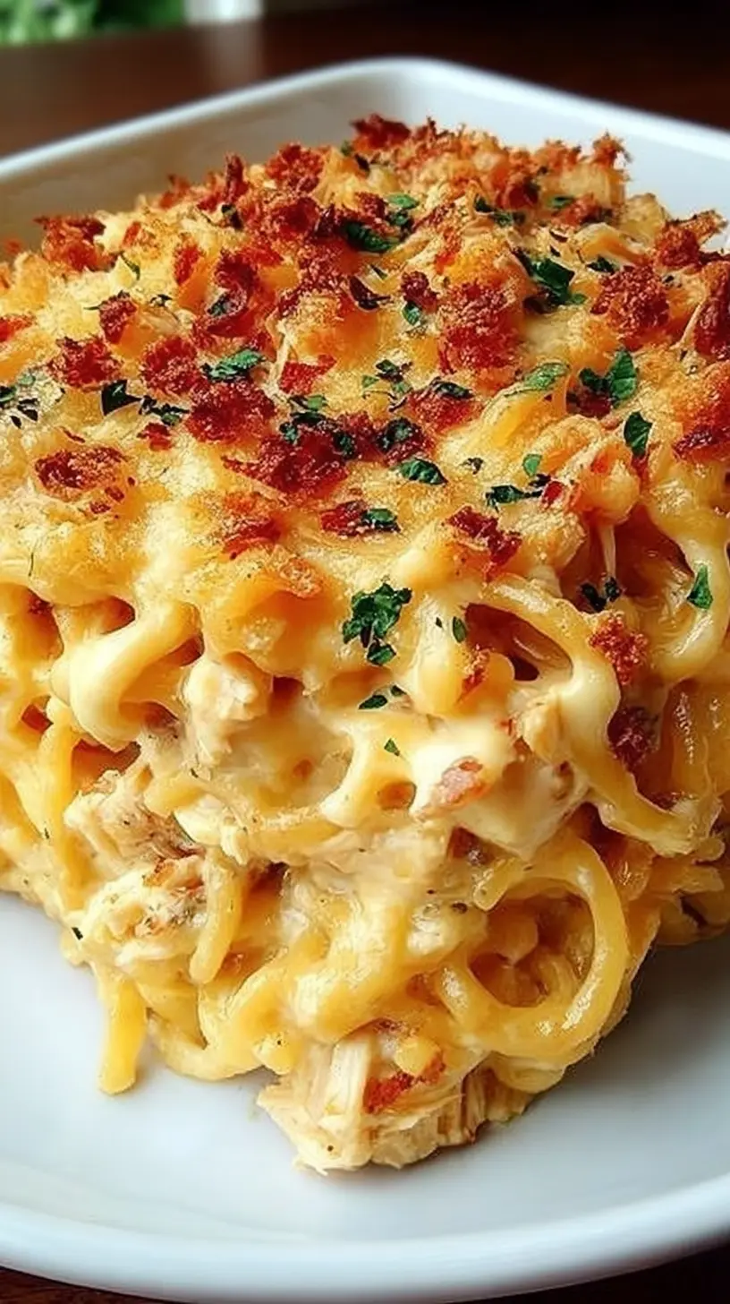 Spicy Southern Cheesy Chicken Spaghetti Casserole" baked in a dish, with creamy noodles, tender chicken, and a crispy golden cheese topping sprinkled with herbs.