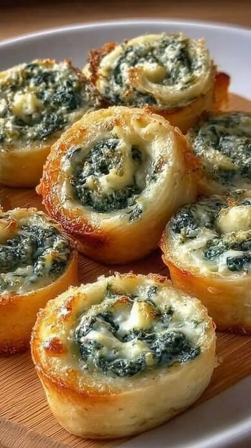 Spinach Dip Pinwheel Bitesfilled with creamy spinach and melted cheese are arranged on a wooden board inside a white plate.