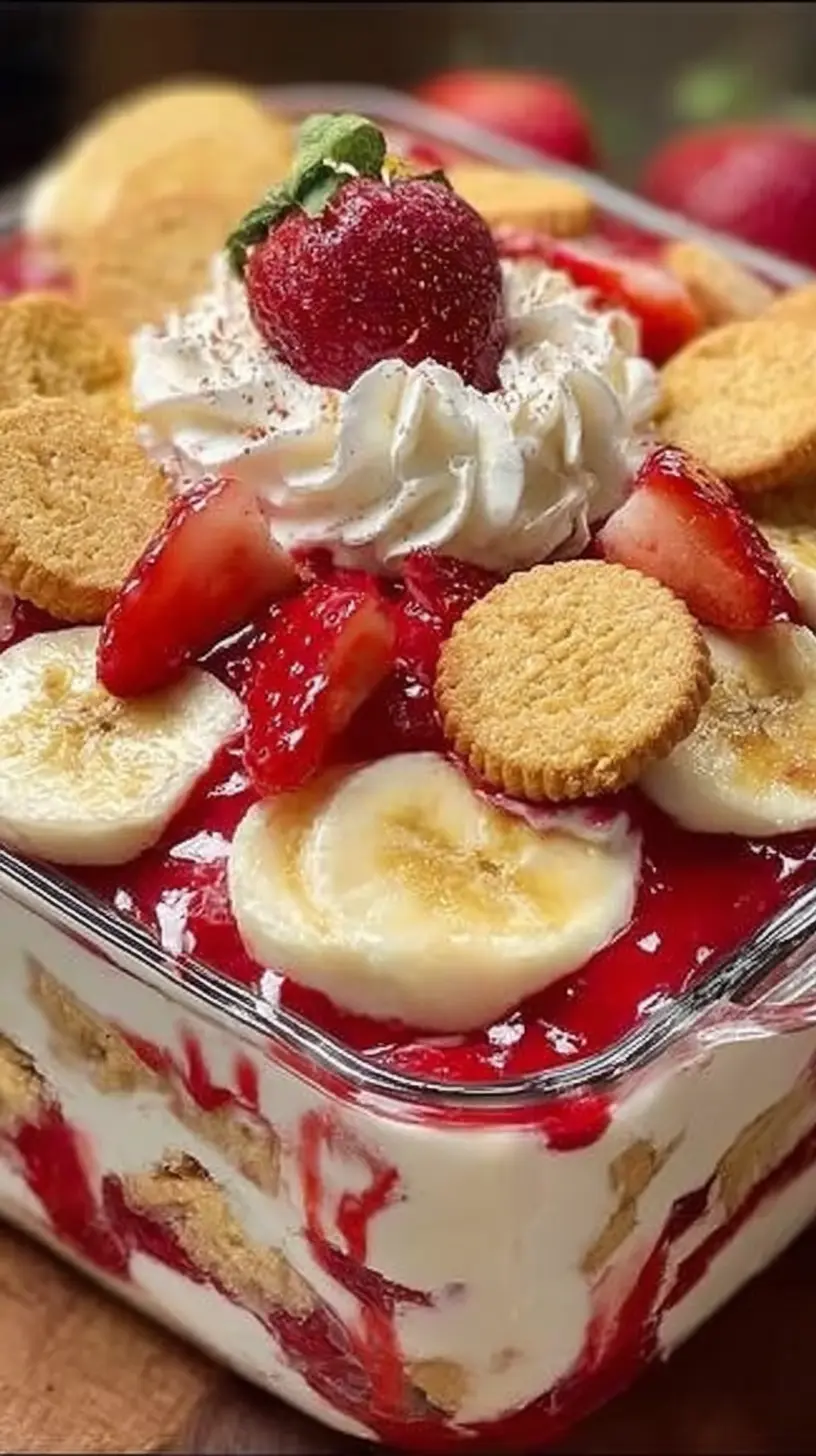 Strawberry Banana Pudding Dream—glass dish layered with vanilla pudding, strawberry sauce, banana slices, and vanilla cookies topped with whipped cream.
