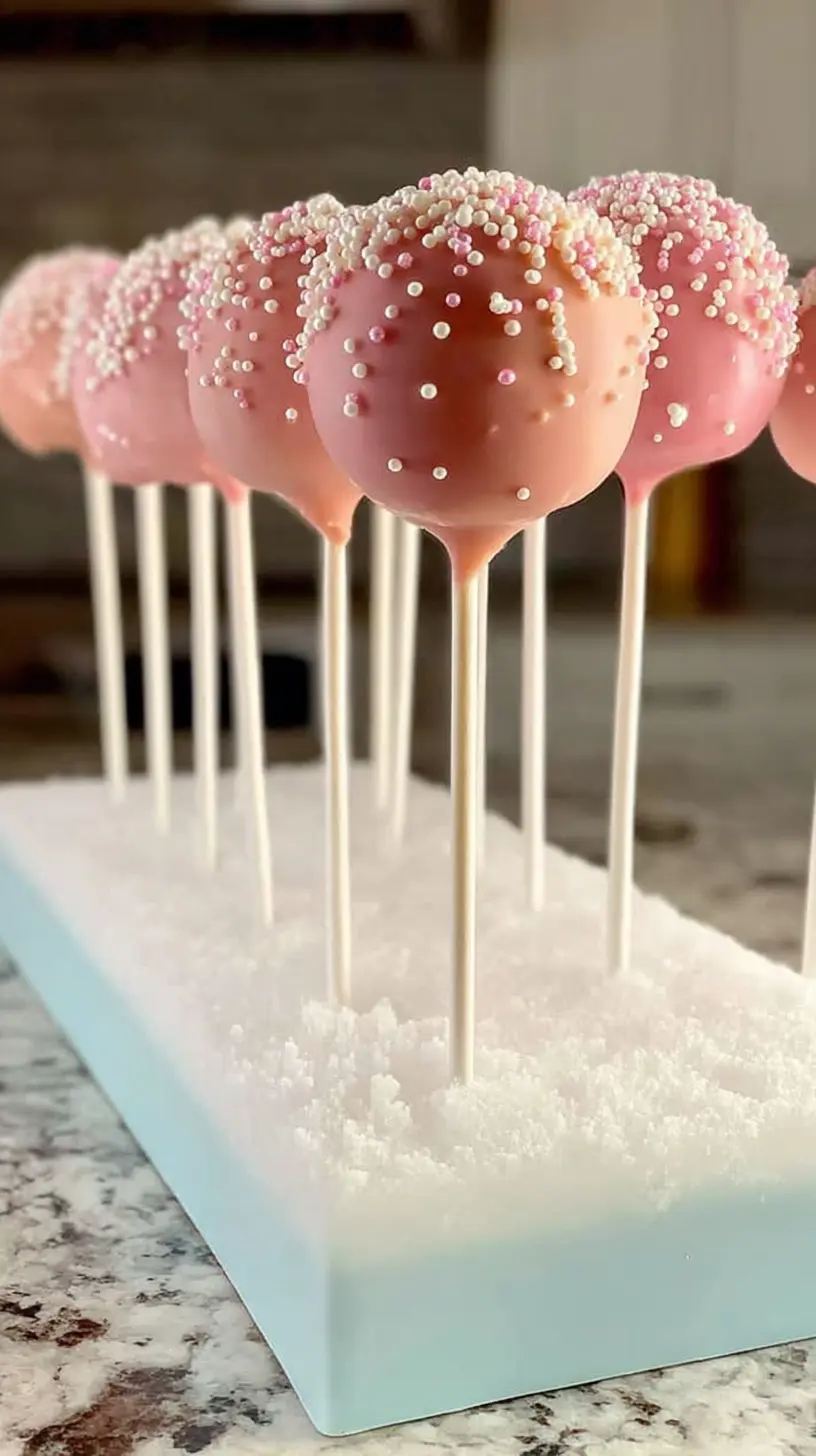 Rows of Starbucks Copycat Birthday Cake Pops coated in smooth icing and tiny white and pink sprinkles, each standing upright on a stick in a foam base.