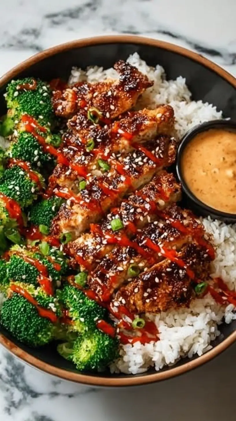 “Sticky Chicken Rice Bowls” with crispy glazed chicken strips drizzled with sriracha, steamed broccoli, and fluffy white rice served in a deep bowl with creamy dipping sauce on the side.