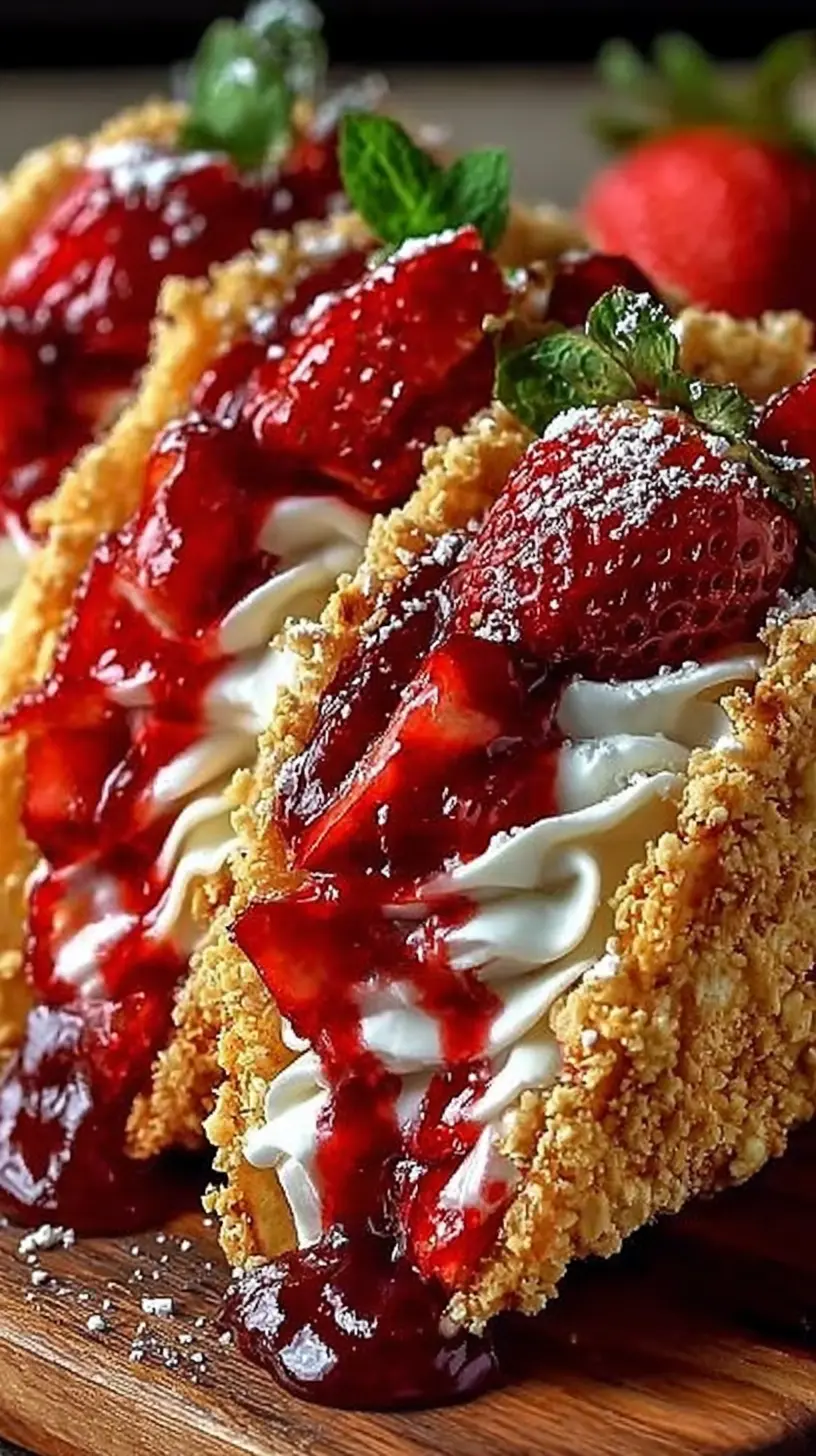 Close-up of strawberry crunch cheesecake tacos with crunchy cookie shells, piped vanilla cheesecake filling, fresh strawberries, and strawberry sauce drizzled on top.