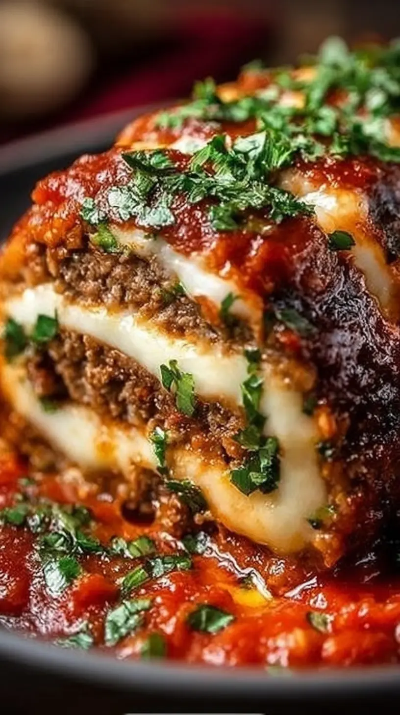 “Stuffed Italian meatloaf” sliced to show layers of seasoned ground beef, melted mozzarella, and rich marinara sauce, topped with fresh chopped parsley in a black dish.