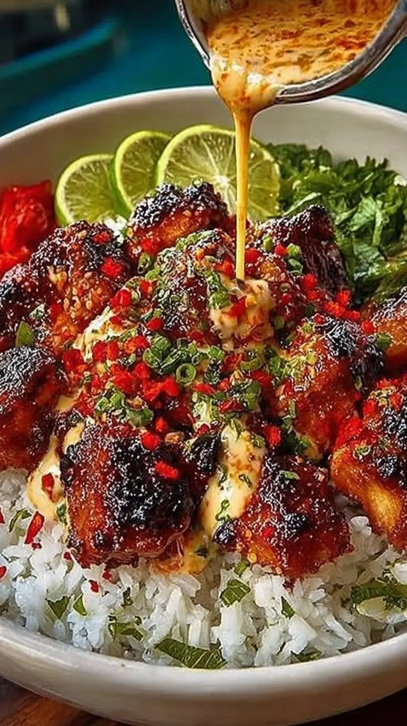 Sweet Chili Chicken Bowl with Coconut Lime Drizzle" served over fluffy rice, topped with crispy glazed chicken, fresh herbs, and extra sauce being poured on top
