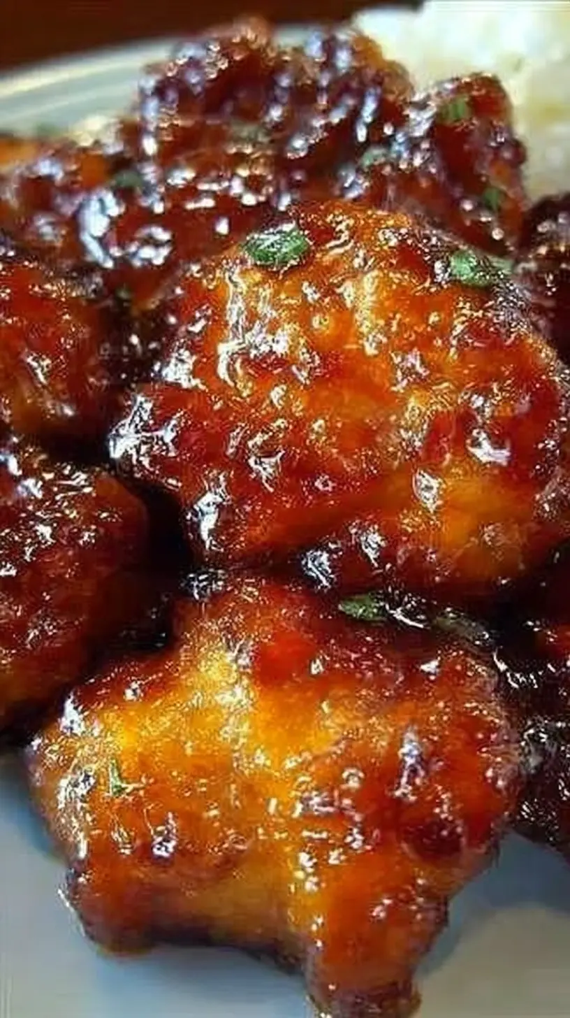 Close-up of Sweet Hawaiian crock pot chicken pieces coated in a glossy caramelized sauce on a plate.