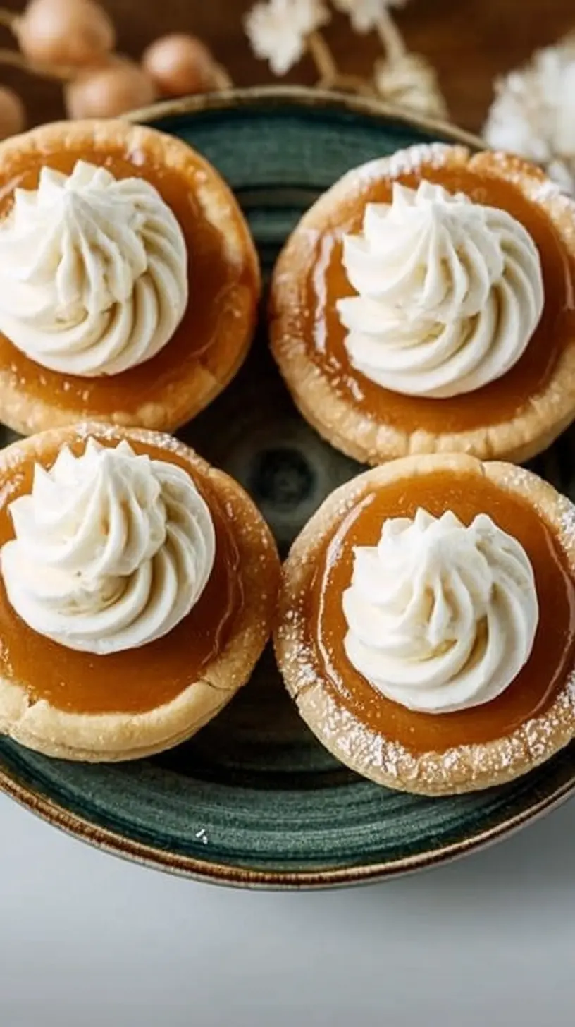 Thanksgiving Cookies with Pumpkin Pie Filling” arranged on a green plate, each cookie cup filled with glossy pumpkin pie filling and topped with a swirl of whipped cream frosting