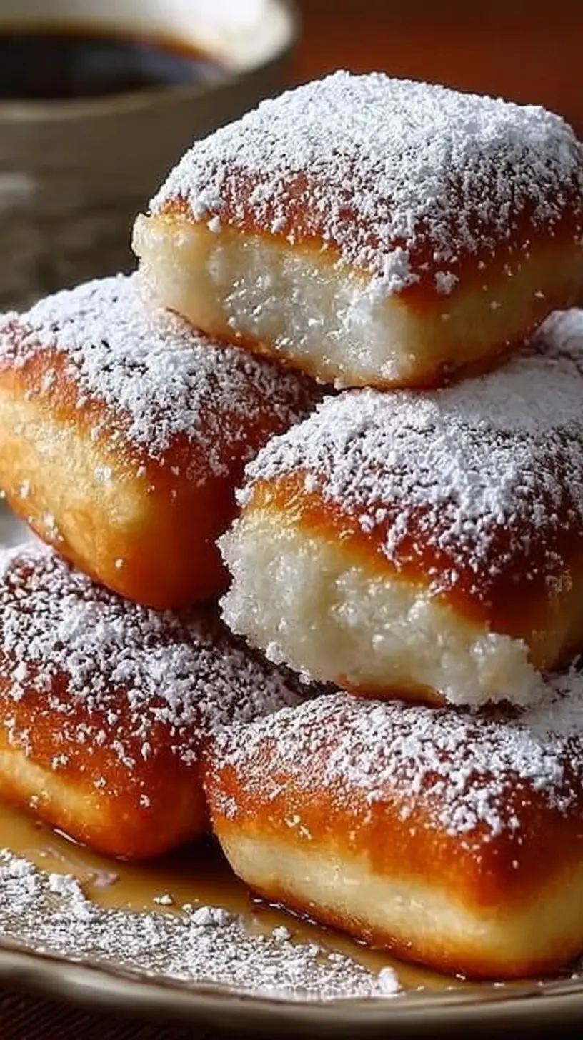 “Stack of golden vanilla French beignets dusted generously with powdered sugar on a plate, with coffee in the background.”