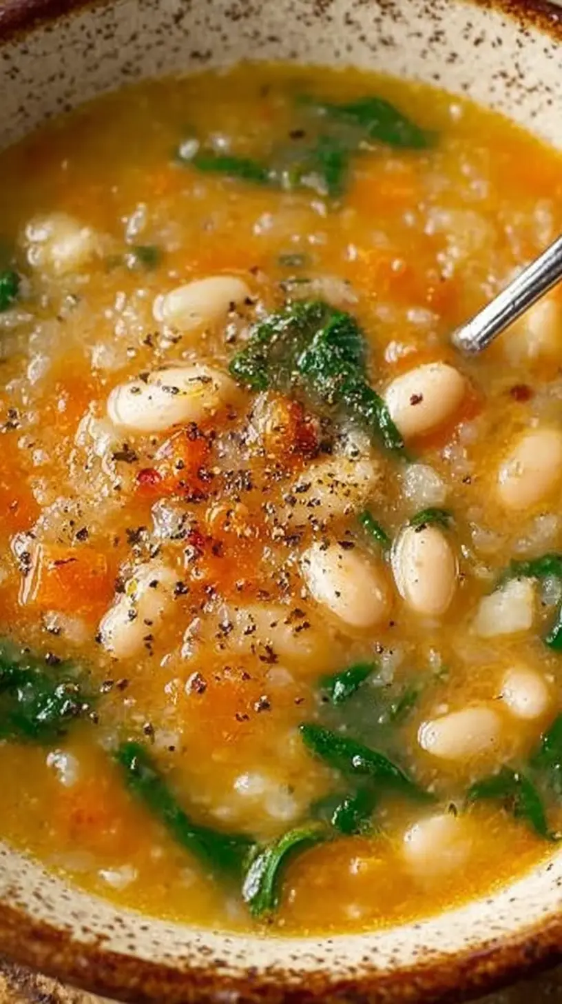 White Bean Soup” in a rustic bowl, filled with creamy broth, white beans, carrots, spinach, and a sprinkle of black pepper