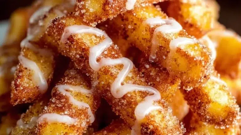 Crispy air fryer apple fries served in a bowl with a dipping sauce.