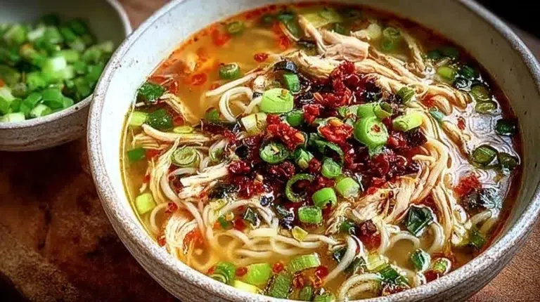 Delicious bowl of ginger garlic chicken noodle soup with fresh ingredients