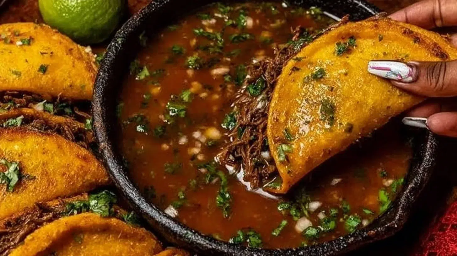 Plate of delicious birria tacos served with rich consomme and fresh toppings