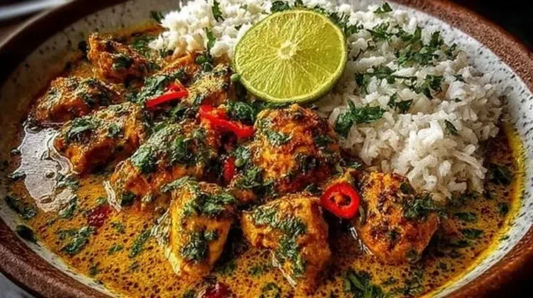 Delicious Brazilian Coconut Chicken served in a bowl with fresh herbs.