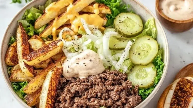 A vibrant Burger Bowl filled with fresh ingredients and grilled patties.