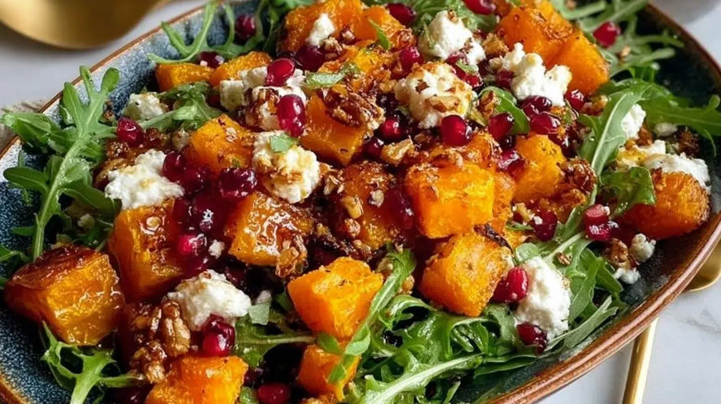 Colorful butternut squash feta salad with greens and toppings