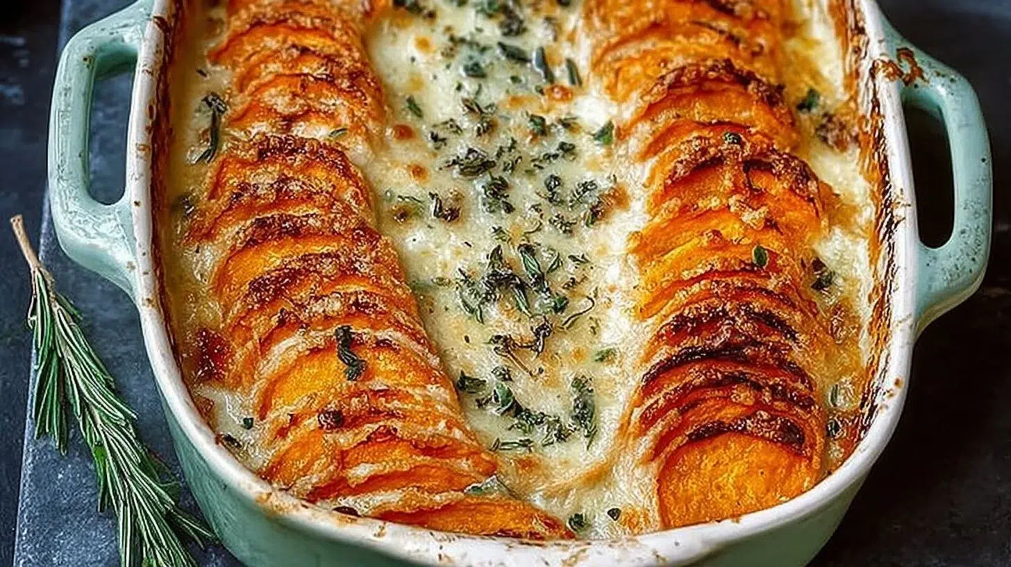 Delicious and creamy butternut squash gratin topped with cheese.