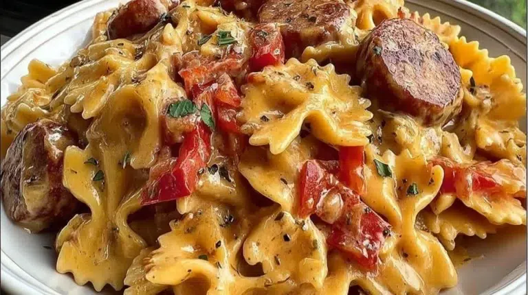 Creamy Cajun inspired cheesy pasta with colorful vegetables and spices