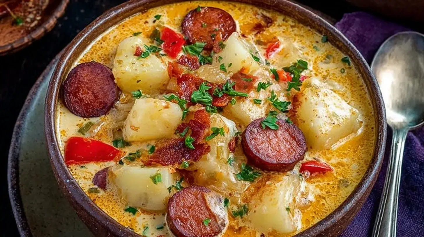 Bowl of Cajun Potato Soup garnished with green onions and spices