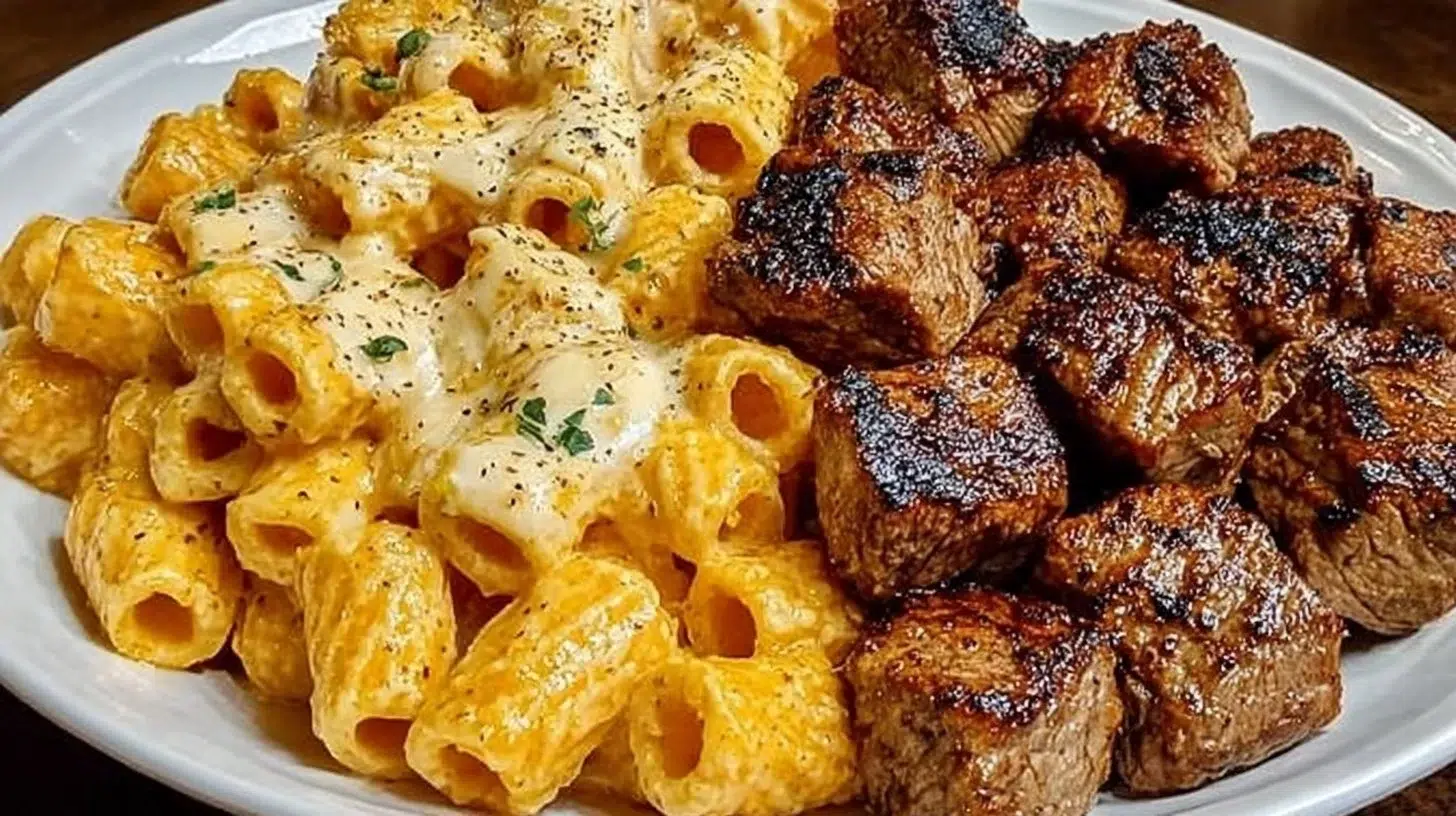 Cajun steak tips with cheesy rigatoni served on a plate