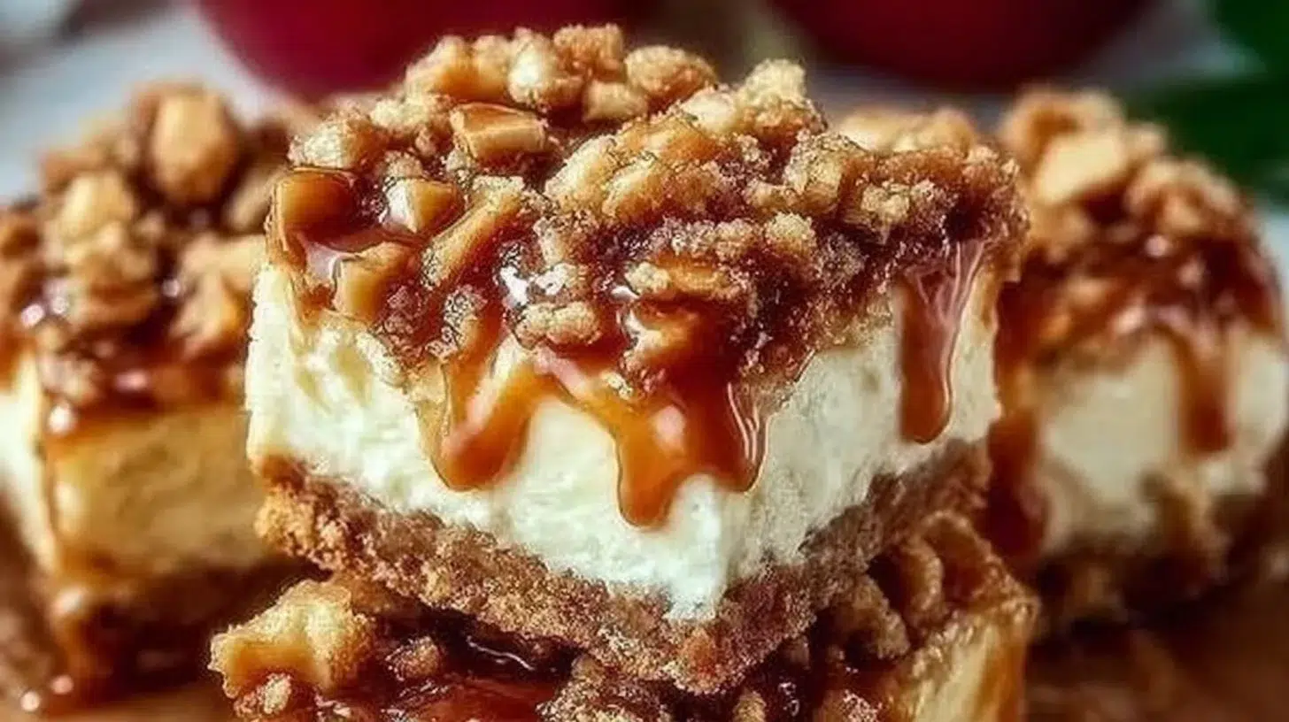 Delicious homemade Caramel Apple Cheesecake Bars topped with caramel drizzle