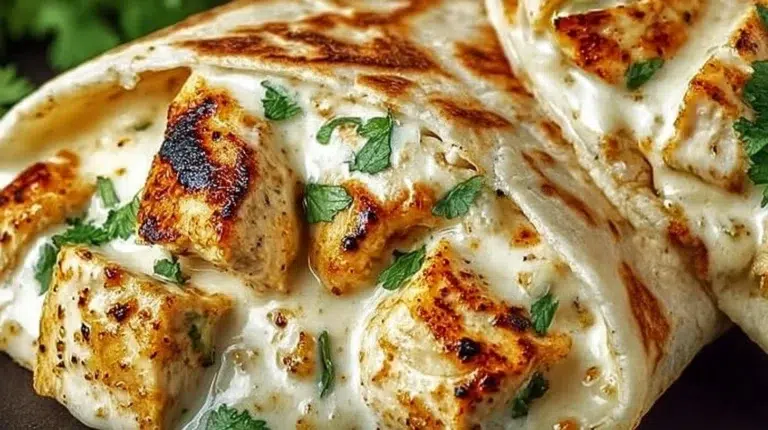 Cheesy garlic chicken wraps with fresh ingredients and melted cheese