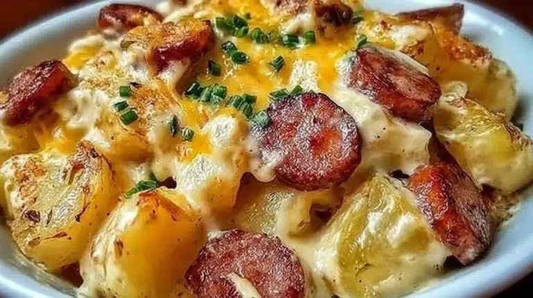 Cheesy ranch potatoes baked with smoked sausage, a hearty comfort food dish.