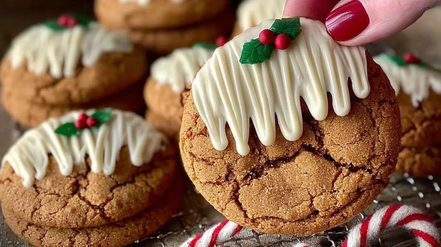 Chewy maple cinnamon cookies topped with white chocolate on a plate.