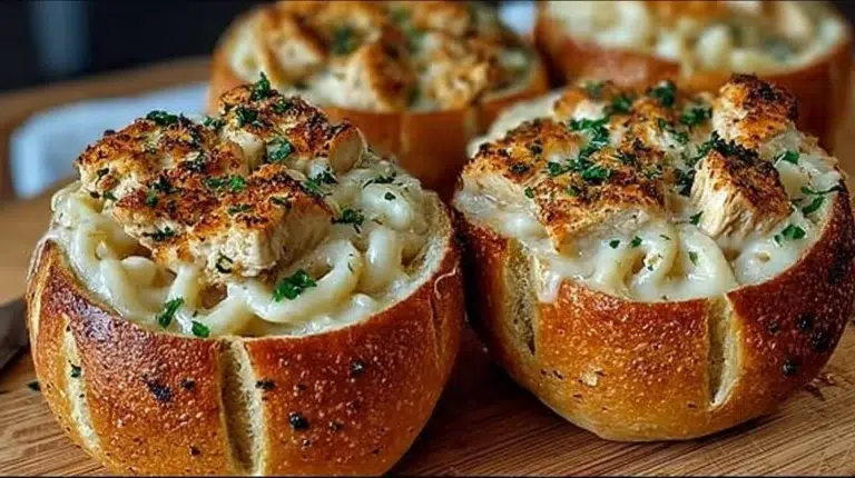 Chicken Alfredo in garlic bread bowls, a delicious and comforting dish