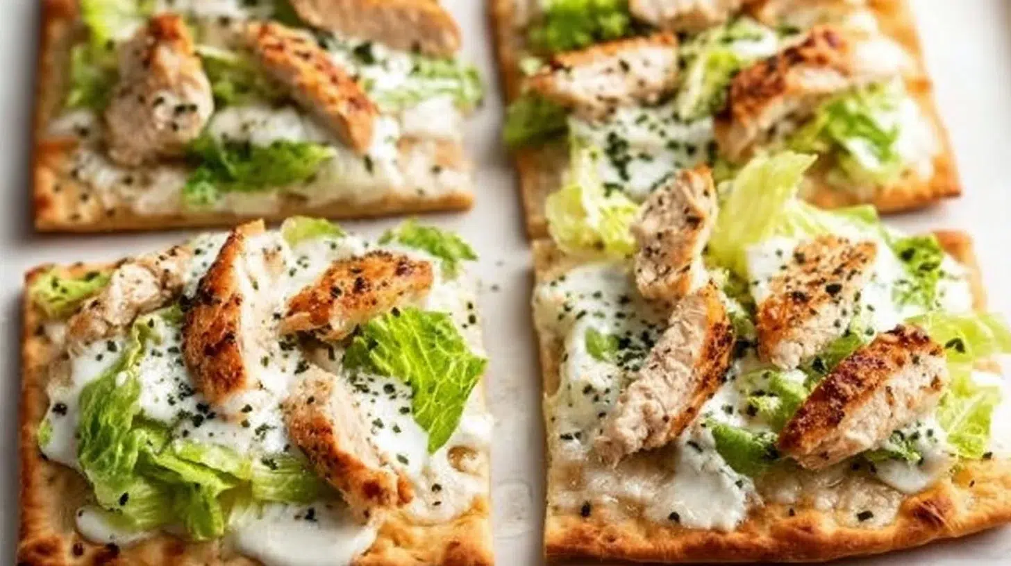 Delicious Chicken Caesar Flatbread topped with romaine and Caesar dressing