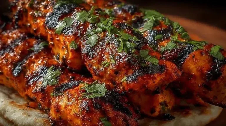 Juicy Chicken Tikka Kebab served with spices and herbs on a plate