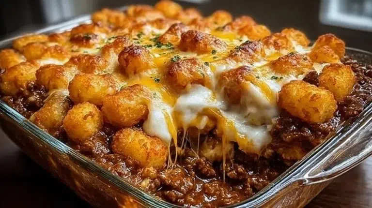 Delicious Chili Cheese Tater Tot Casserole topped with melted cheese and chili