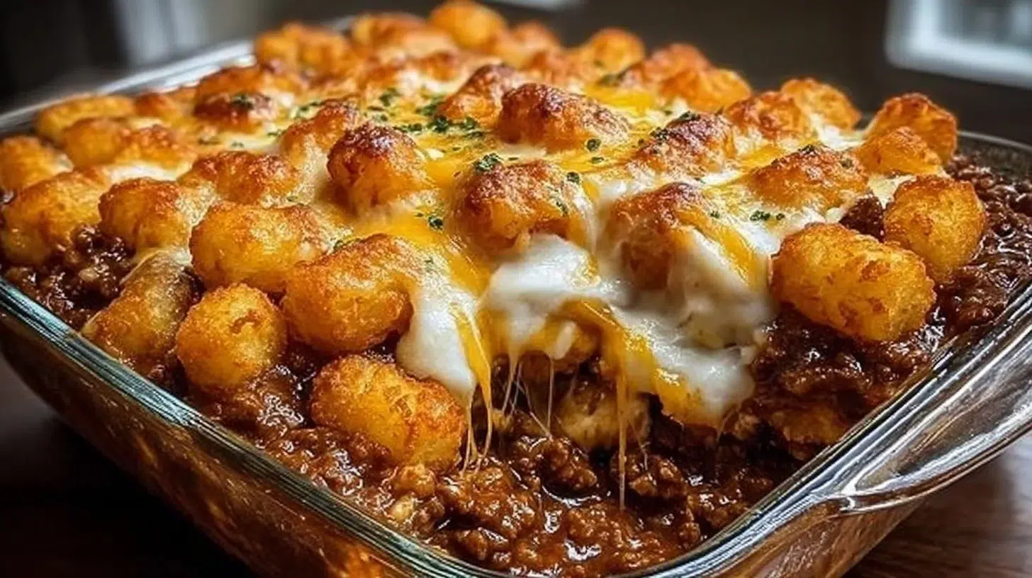 Delicious Chili Cheese Tater Tot Casserole topped with melted cheese and chili