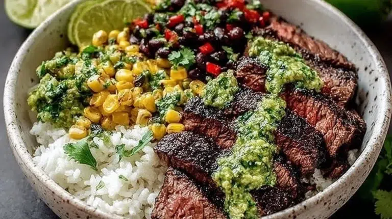 Cilantro Lime Steak Bowl topped with fresh ingredients and lime wedges